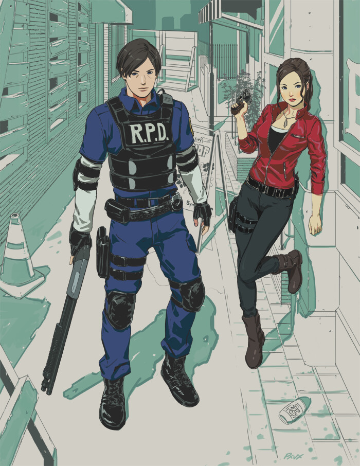 Deux personnages en tenue tactique se tenant dans une ruelle. L'homme porte un gilet avec l'inscription 'R.P.D.' et tient une arme, tandis que la femme, habillée en rouge, tient une arme à feu et affiche une expression confiante.
