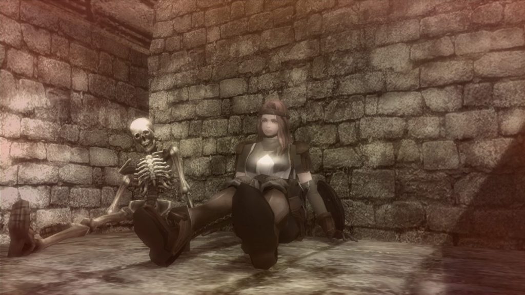 Une femme en armure assise contre un mur de pierre, à côté d'un squelette.