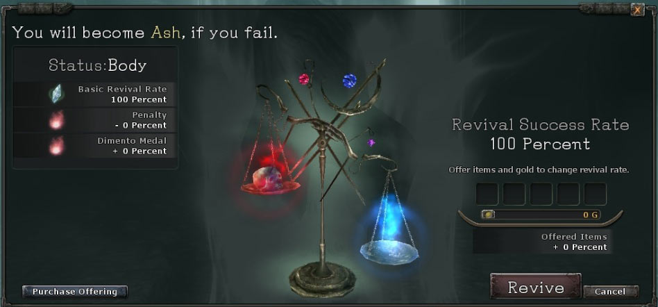 Écran de revival dans un jeu, montrant un arbre avec des cristaux colorés et des informations sur le taux de revival, y compris un taux de succès de 100%.