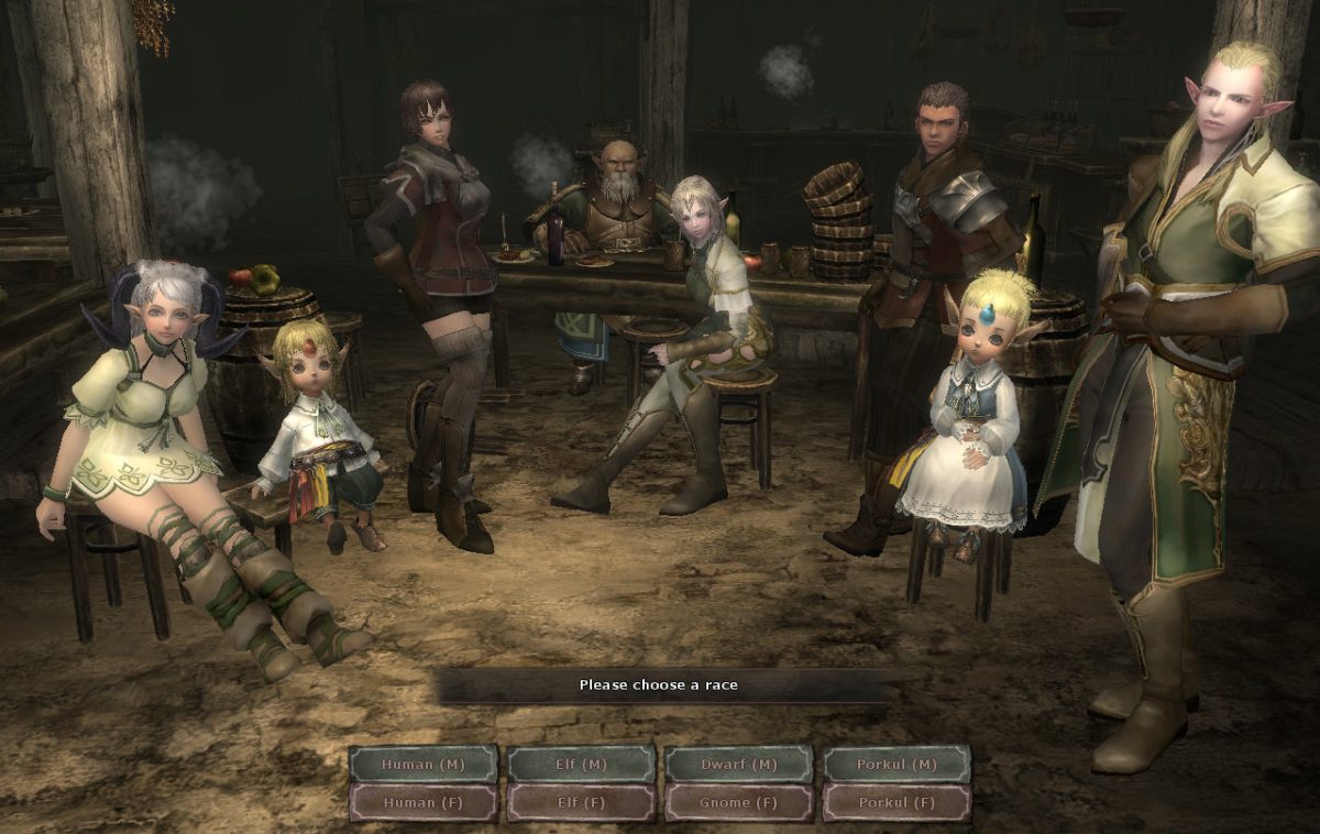 Des personnages fantastiques assis dans une taverne, représentant différentes races comme les humains, elfes et nains, avec un panneau demandant de choisir une race.