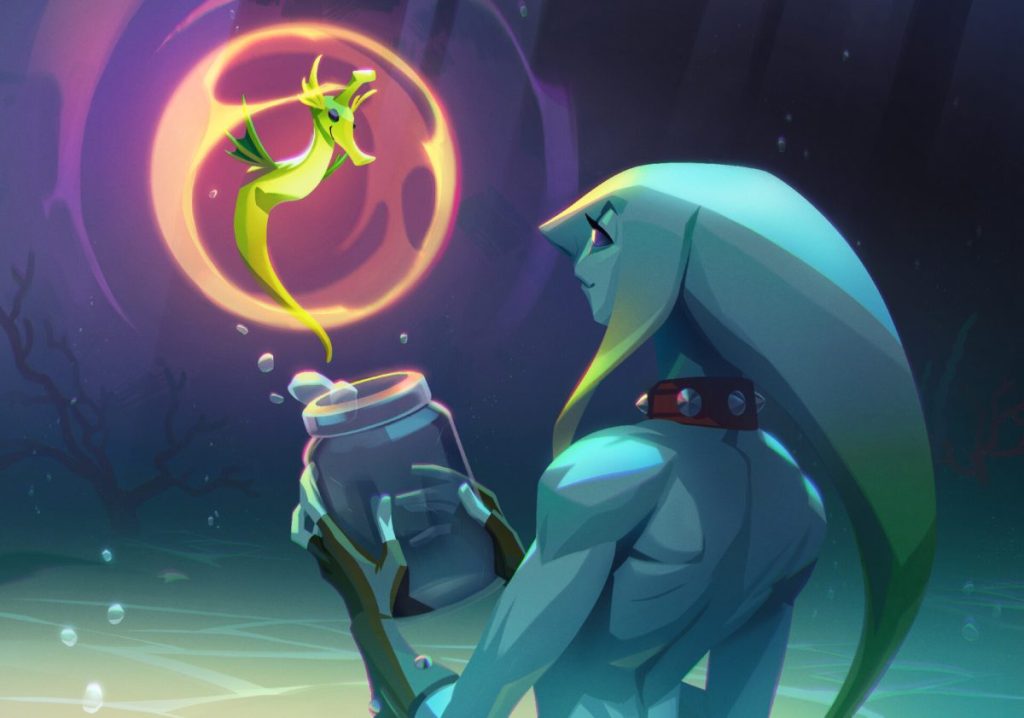 Un personnage aquatique tenant un bocal avec un dragon de mer jaune flottant à l'intérieur d'une bulle lumineuse, dans un environnement sous-marin coloré.
