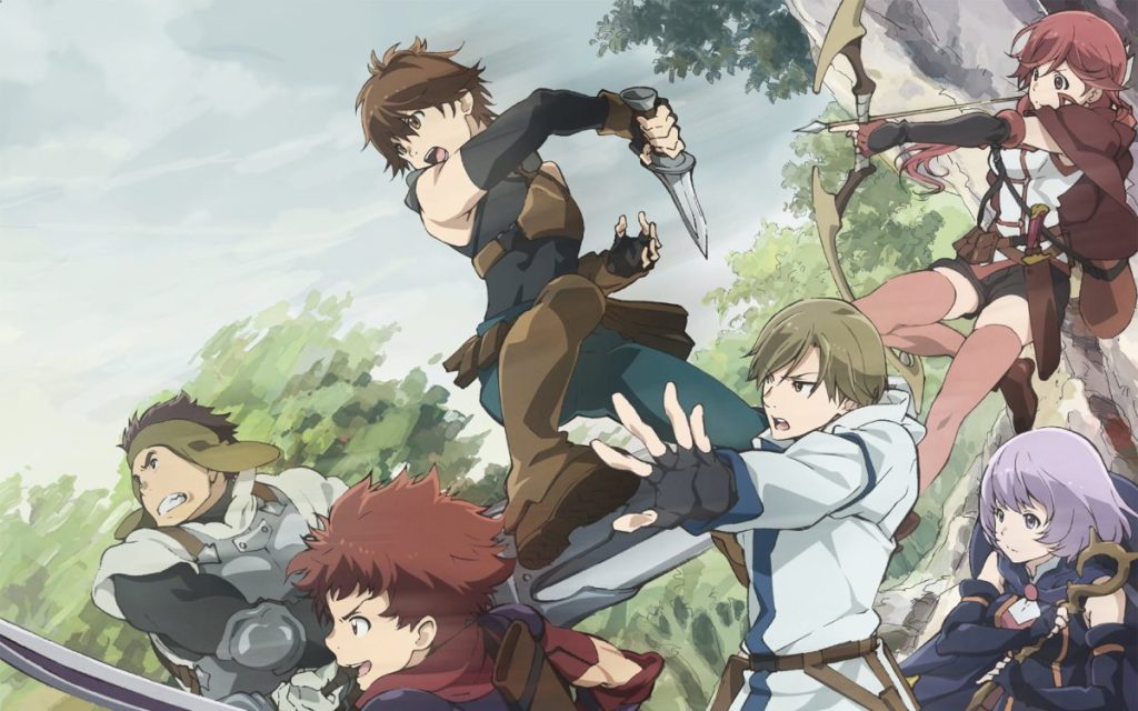 Un groupe de personnages de style anime se bat dans un environnement naturel. Ils brandissent des armes et semblent déterminés, chacun à sa manière. Les personnages varient en expressions et styles vestimentaires.