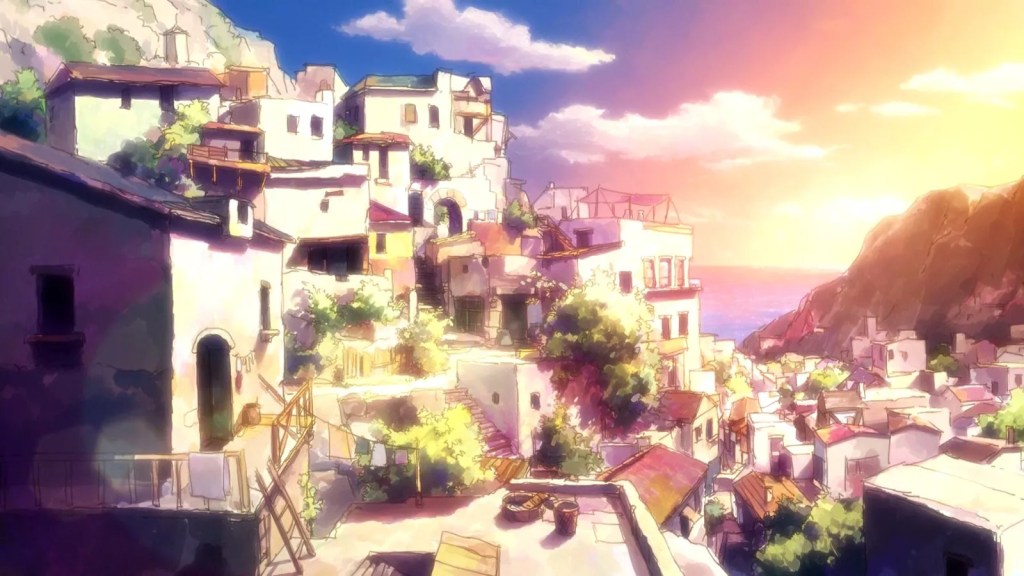 Vue d'un village en bord de mer au coucher du soleil, avec des maisons blanches et des plantes verdoyantes.