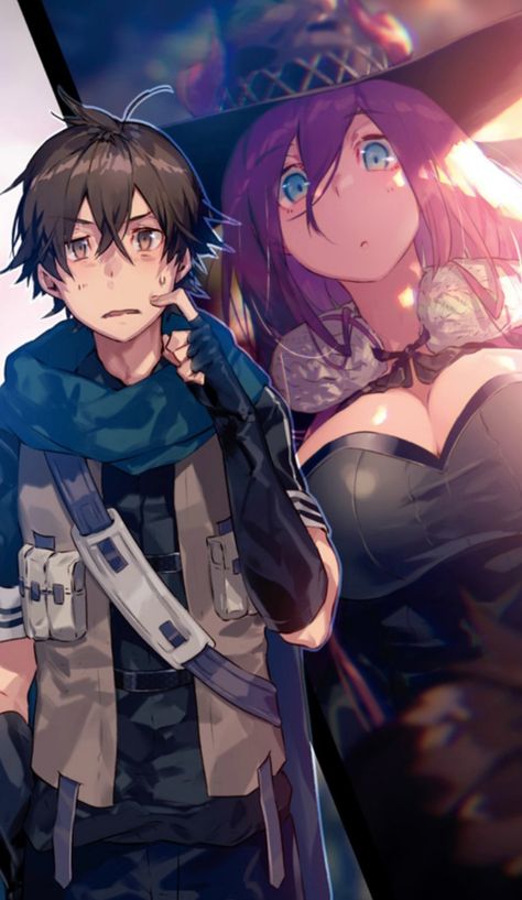 Un personnage masculin avec des cheveux bruns et un regard inquiet, vêtu d'un gilet et d'une écharpe, se tient à côté d'une femme avec des cheveux violets, portant un décolleté et une cape noire, dans un style artistique animé.