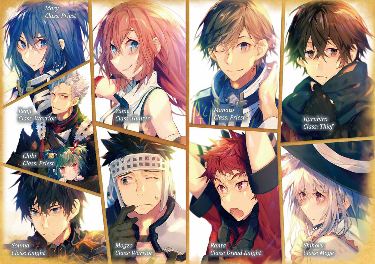 Image présentant des personnages de jeu vidéo chacun avec leur classe : Mary (Prêtre), Yume (Chasseresse), Manato (Prêtre), Haruhiro (Voleur), Renji (Guerrier), Chibi (Prêtre), Souma (Chevalier), Mogzo (Guerrier), Ranta (Chevalier noir), Shihoru (Mage).