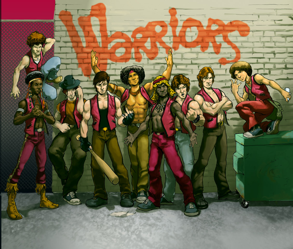 Groupe de personnages stylisés du jeu vidéo 'The Warriors', posant fièrement devant un mur graffiti marqué 'Warriors'.