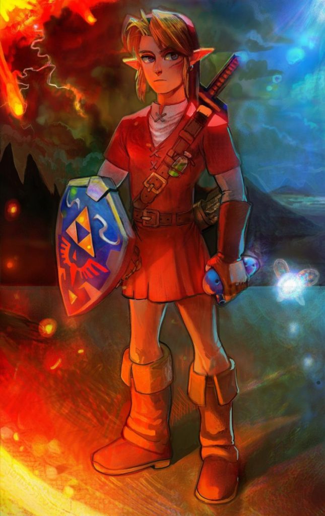 Personnage héroïque aux cheveux blonds, portant une tunique rouge, un bouclier orné et une épée, se tenant dans un paysage coloré et dramatique.
