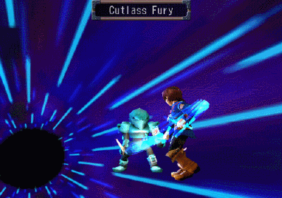 Animation d'attaque intitulée 'Cutlass Fury' montrant un personnage en armure avec une épée, attaquant un ennemi dans un contexte de combat RPG.