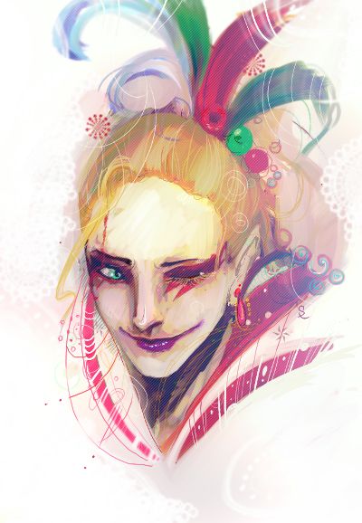 Illustration d'un personnage avec des cheveux blonds et des plumes colorées, affichant un sourire malicieux et un regard intrigant.