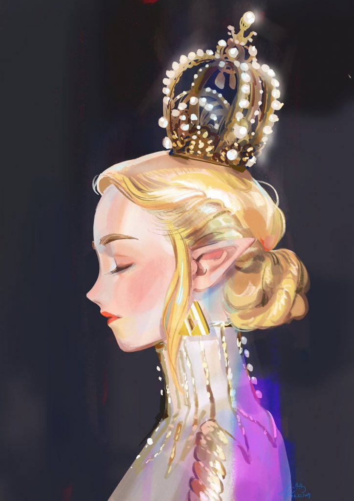 Portrait d'une jeune femme avec des cheveux blonds, portant une couronne ornée de perles et des boucles d'oreilles triangulaires, vêtu d'une robe élégante. Elle est vue de profil, son expression est douce et rêveuse.