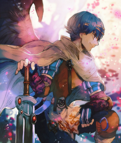 Personnage de style anime avec une épée, portant un manteau et un regard déterminé, entouré d'une ambiance colorée et magique.