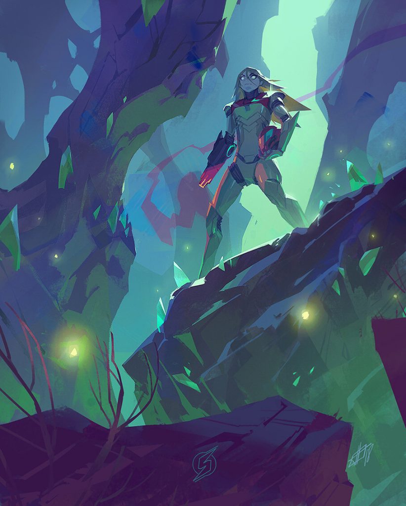 Un personnage de style futuriste se tenant sur un rocher dans un environnement vibrant, entouré de cristaux lumineux et d'une végétation mystique.