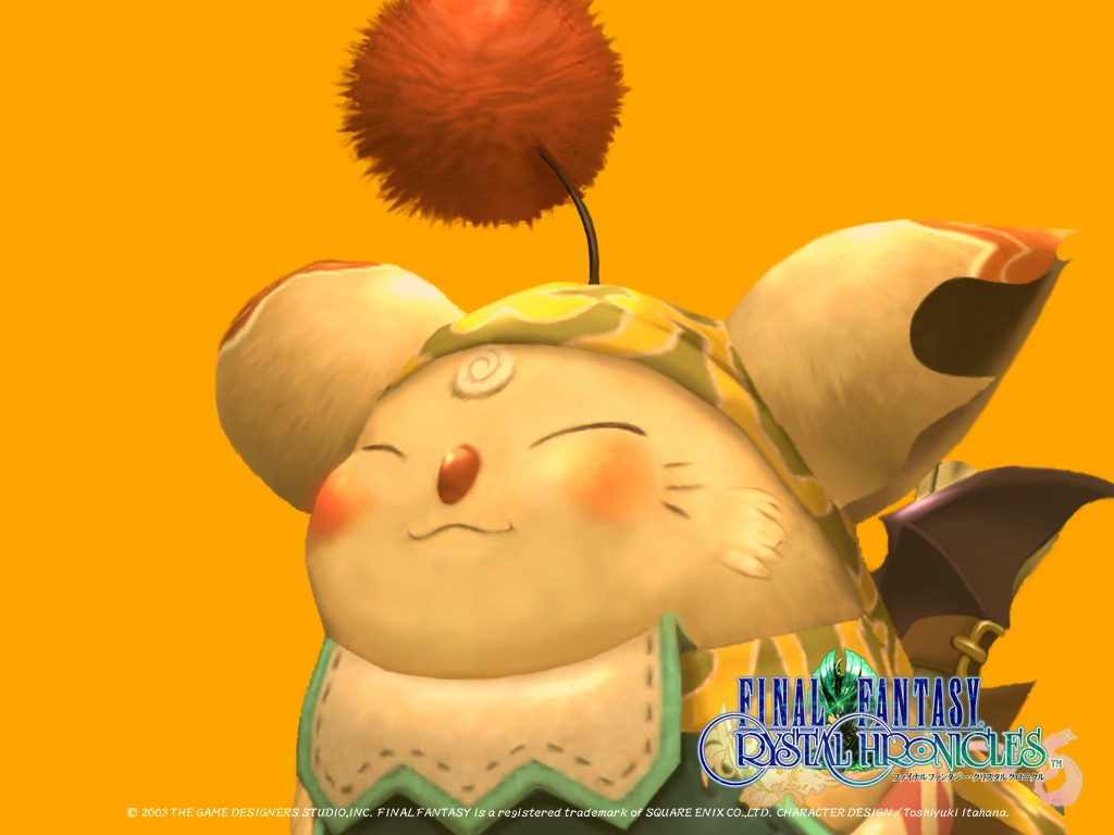 Un personnage mignon et souriant de Final Fantasy, avec une grande tête, des oreilles en forme de cône, et un chapeau coloré, sur fond jaune.