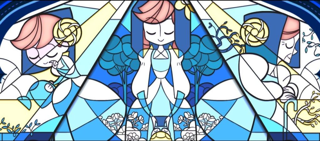 Vitrail coloré représentant des personnages stylisés avec des cheveux roses et des vêtements blancs, entourés de fleurs et de motifs naturels dans des tons de bleu.