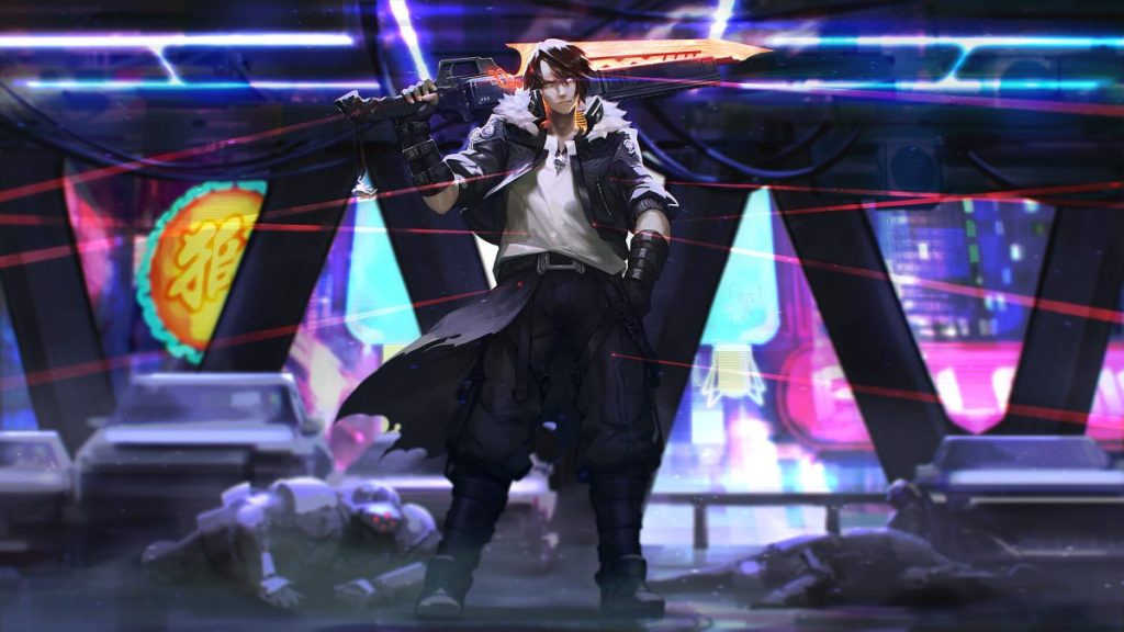 Un personnage héroïque tenant une épée imposante dans un environnement urbain futuriste, avec des néons brillants et une atmosphère dynamique.
