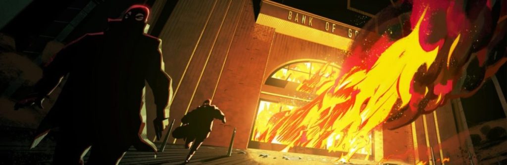 Deux silhouettes fuyantes devant une banque en feu, avec des flammes irradiant de l'entrée.