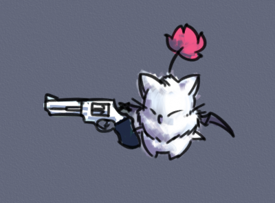 Un personnage mignon avec des ailes, tenant un revolver et portant une fleur sur la tête.