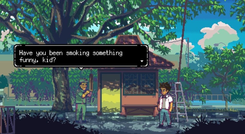 Un personnage en train de parler à un autre dans un environnement pixelisé, avec un arbre et un abri en arrière-plan. Le dialogue présente une question humoristique sur la consommation de substances.