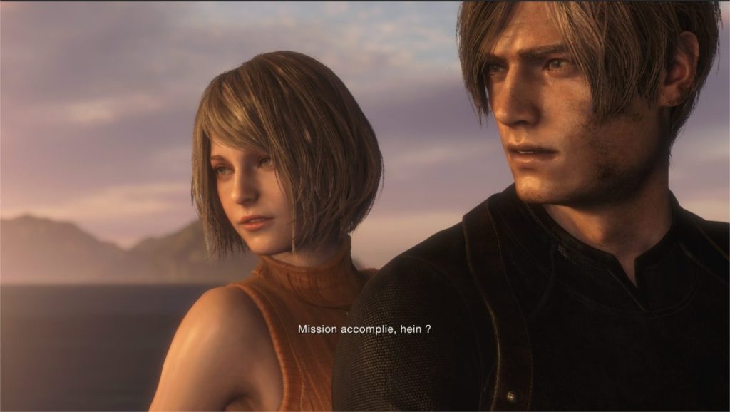 Deux personnages de jeu vidéo se tenant côte à côte, avec un paysage côtier et un coucher de soleil en arrière-plan.