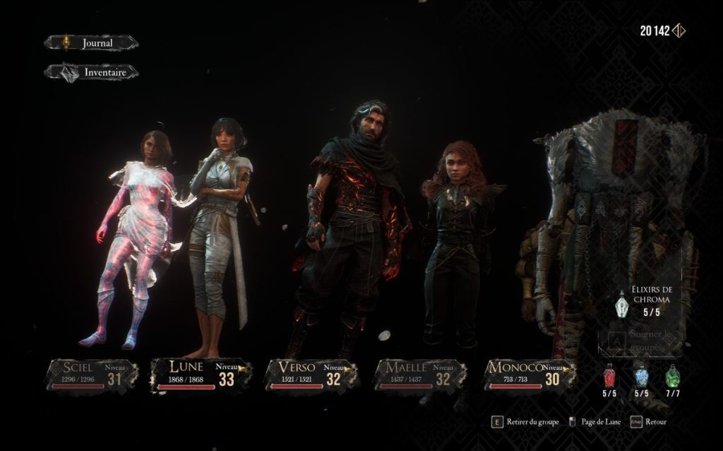 Un groupe de personnages de jeu vidéo avec des niveaux et des statistiques affichés, dans un univers fantastique sombre.