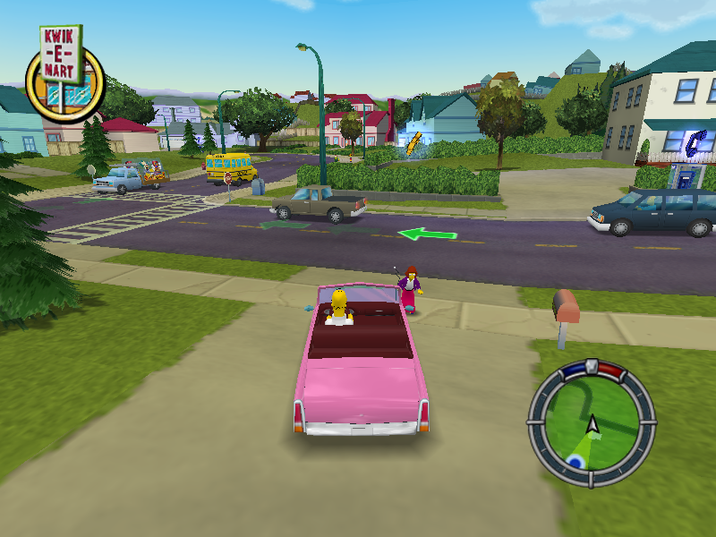 Capture d'écran d'un jeu vidéo montrant une voiture rose conduite par une femme, avec un décor résidentiel en arrière-plan, incluant des maisons, des arbres, et une route animée.