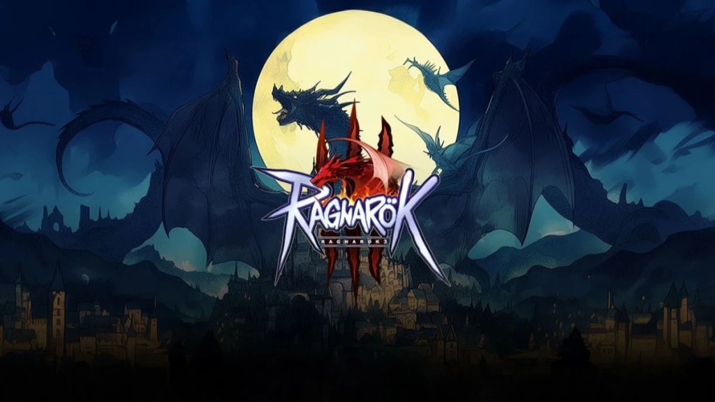 Logo de Ragnarok Online III avec un ciel nocturne et une pleine lune en arrière-plan, entouré de dragons survolant une ville médiévale.