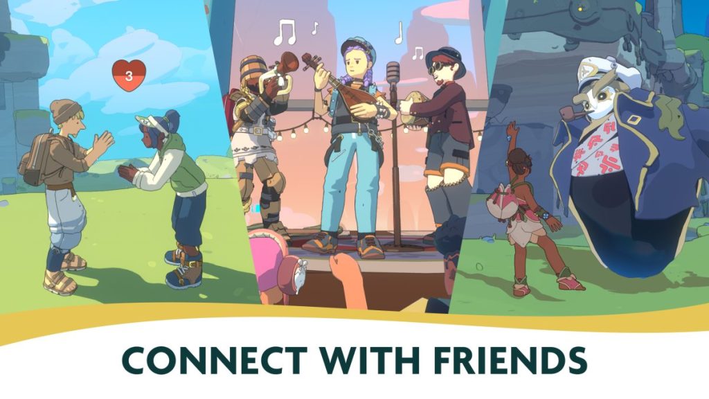 Image représentant des personnages se connectant et interagissant dans le jeu Spirit Crossing, avec des éléments de musique et de danse.