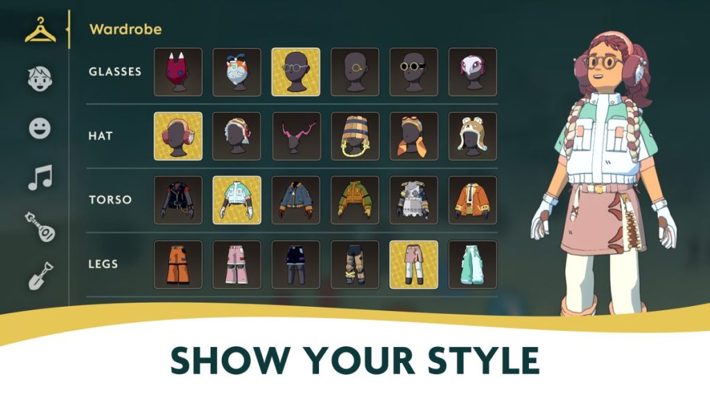 Interface de personnalisation des vêtements dans le jeu Spirit Crossing, affichant différentes options pour les lunettes, chapeaux, torses et jambes, avec un personnage au centre pour montrer son style.