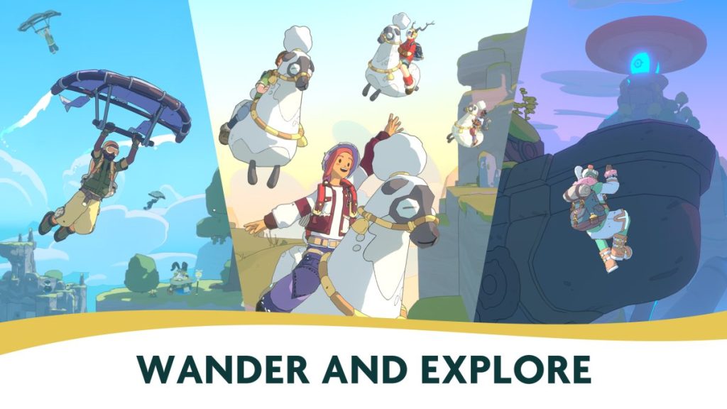 Illustration colorée présentant des personnages dans un environnement de jeu, avec des activités d'exploration et de camaraderie, le tout sur fond de paysages enchanteurs.