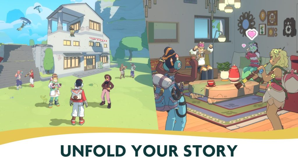 Une illustration de Spirit Crossing montrant des personnages interagissant dans un environnement coloré, avec des bâtiments stylisés et une ambiance conviviale.