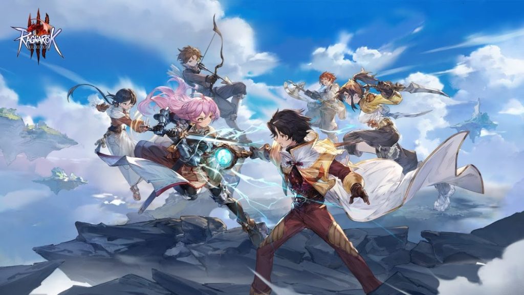 Groupe de personnages de jeu vidéo se tenant sur des rochers avec un paysage nuageux en arrière-plan, représentant l'univers de Ragnarok Online III.