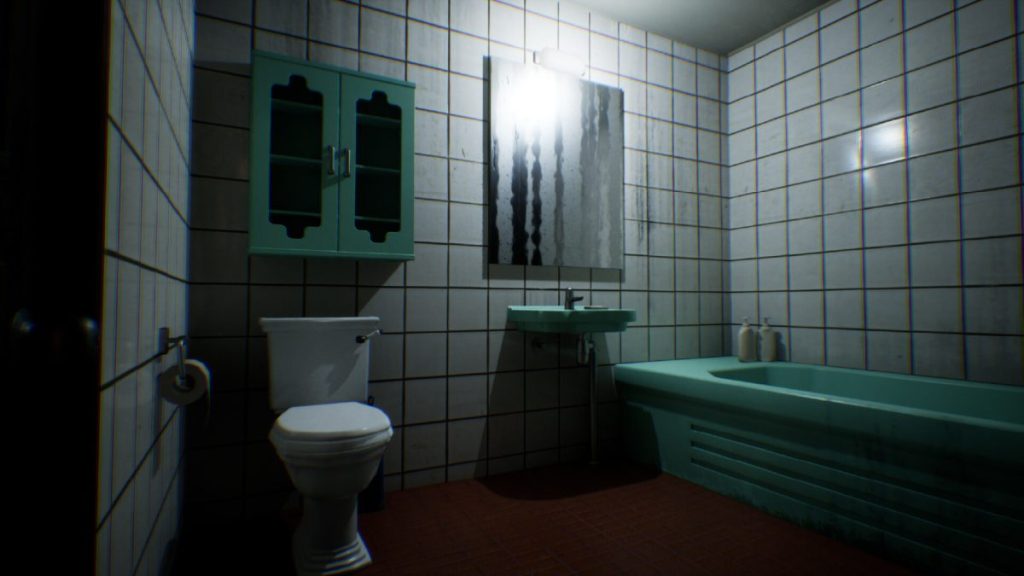 Une salle de bain avec carrelage blanc, un lavabo vert, une baignoire verte, des toilettes blanches et un miroir, créant une ambiance sombre et oppressante.