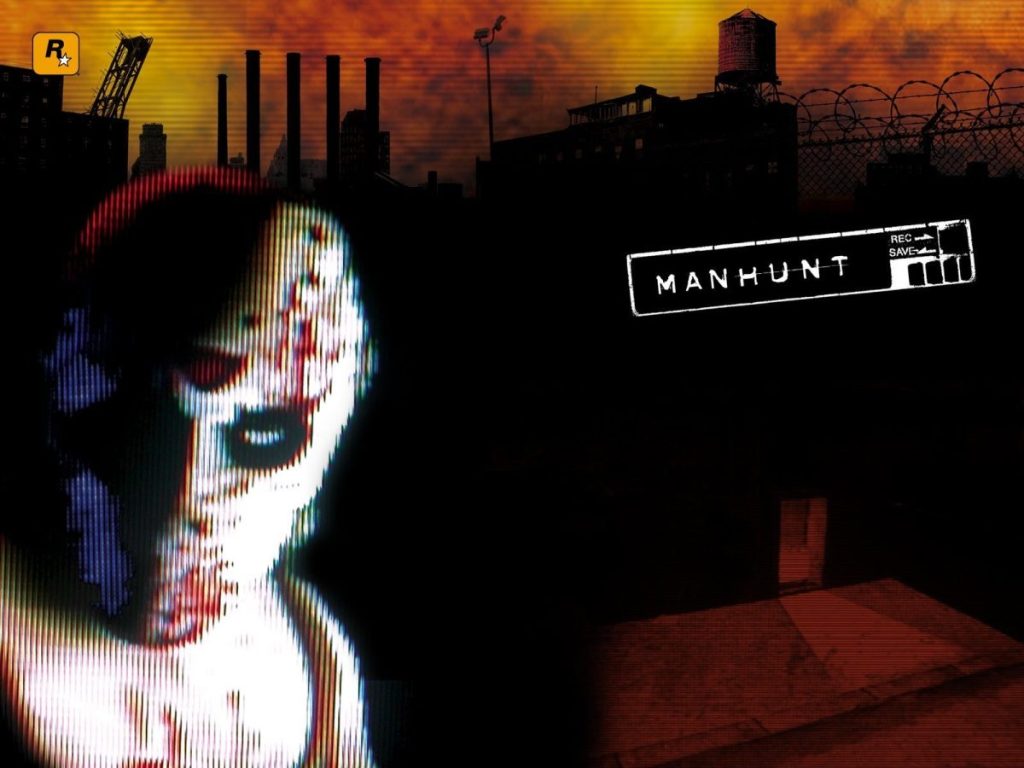 Image de couverture du jeu vidéo Manhunt, affichant un personnage mystérieux dans un environnement sombre, accompagnée d'éléments graphiques stylisés.