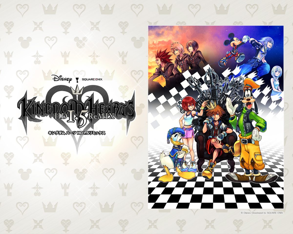 Illustration promotionnelle du jeu vidéo 'Kingdom Hearts HD 1.5 Remix', montrant les personnages principaux tels que Sora, Kairi, Donald, et Dingo sur un fond inspiré des mondes Disney.
