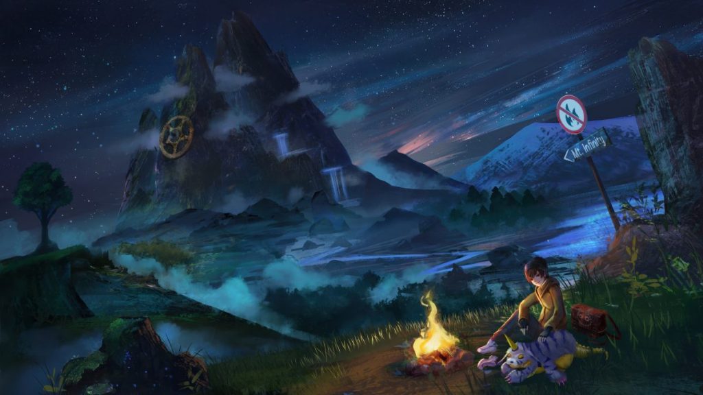 Illustration d'un enfant assis près d'un feu de camp, accompagné d'un Digimon, devant un paysage montagneux sous un ciel étoilé, avec un panneau indiquant 'Mt. Infinity'.