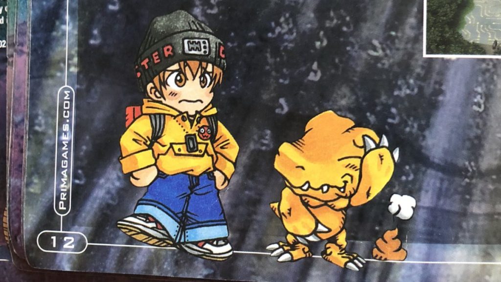 Un enfant avec un pull jaune et un bonnet noir se tient à côté d'Agumon, un Digimon jaune souriant, avec une petite flaque en arrière-plan.