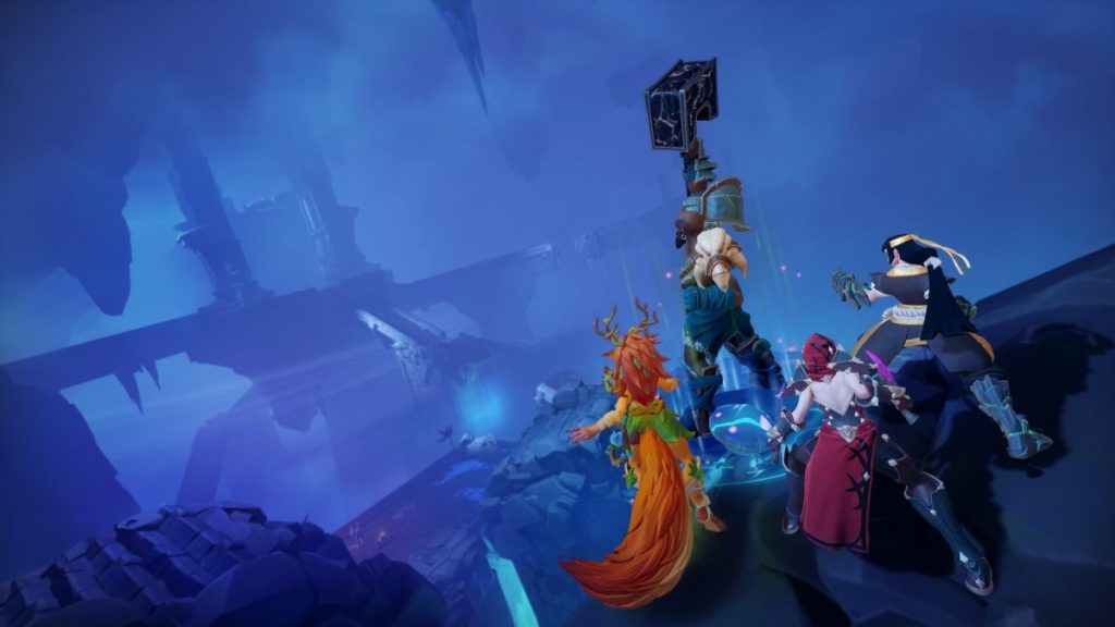 Un groupe de quatre personnages de jeu vidéo se prépare pour une expédition dans un environnement mystérieux et fantastique, avec des éléments de décor en ruines et une ambiance sombre.