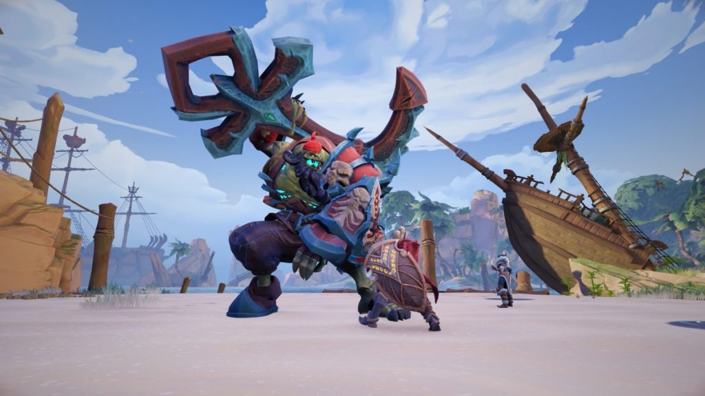 Un personnage de jeu vidéo portant une grande hache et un logo sur le dos, se tenant sur une plage avec un décor maritime en arrière-plan.