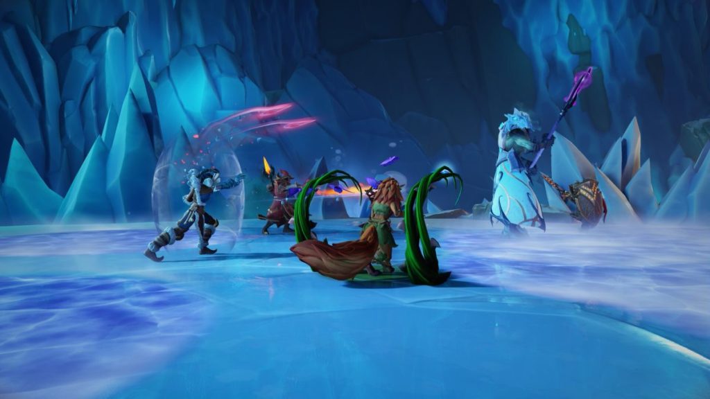 Des personnages en pleine action dans un environnement de glace, combattant un boss tout en utilisant des compétences magiques et physiques.