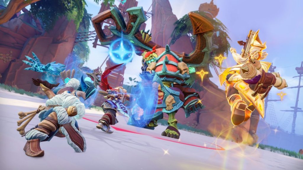 Quatre personnages de _Fellowship_ en plein combat, chacun utilisant des compétences colorées dans un environnement de jeu vibrant.