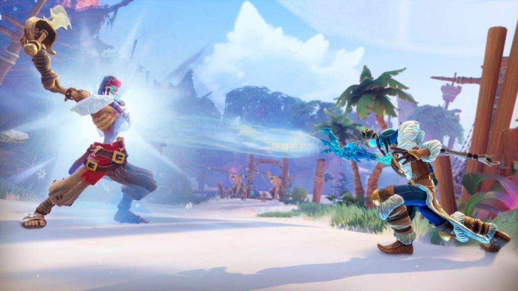 Un personnage utilisant une hache contre un autre personnage qui lance un sort, dans un environnement ensoleillé avec des palmiers.