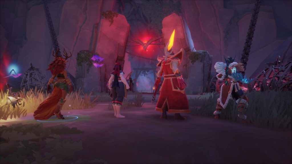 Un groupe de personnages vêtus d'armures colorées se tient dans un environnement fantastique, avec des décorations mystiques et une architecture sombre en arrière-plan.