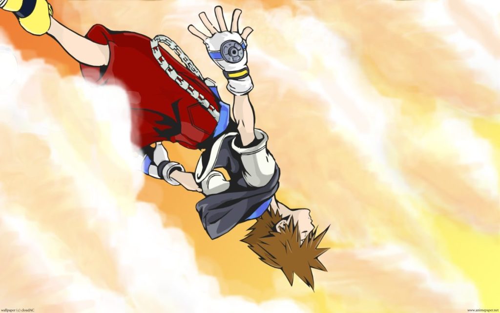 Un personnage de jeu vidéo, stylisé et dynamique, en chute libre au milieu d'un ciel coloré, illustrant une scène d'action de l'univers de Kingdom Hearts.