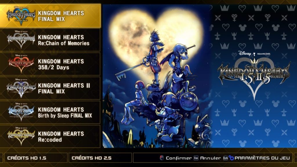 Écran de menu de Kingdom Hearts 1.5 HD Remix affichant différents jeux de la franchise, avec Sora, Riku et Kairi en arrière-plan.