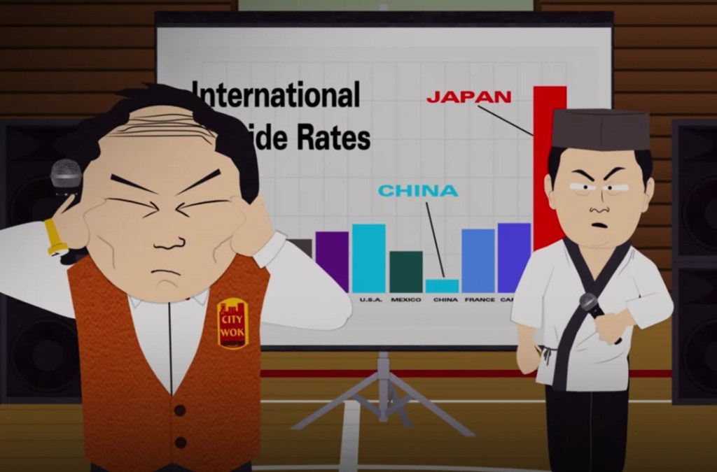 Deux personnages de dessin animé sur une scène, l'un devant un tableau avec des graphiques, tandis que l'autre s'exprime avec un micro. L'un des personnages montre des signes de frustration.