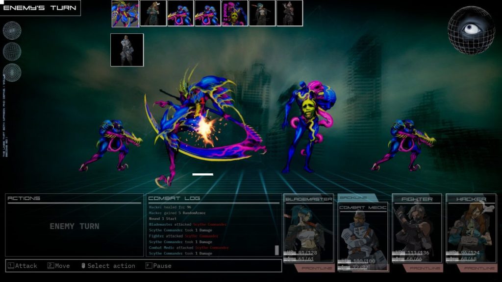 Écran de combat d'un jeu vidéo montrant une équipe de personnages aux styles futuristes affrontant des ennemis colorés dans un environnement de science-fiction. Les actions possibles sont affichées en bas, avec un journal de combat en cours.