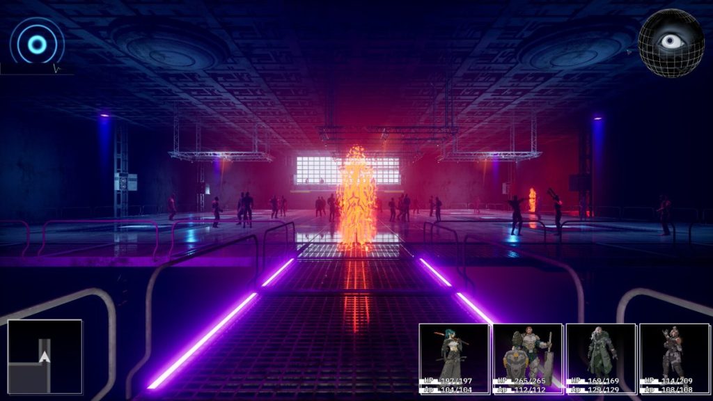 Un environnement futuriste avec des personnages en arrière-plan et une source lumineuse orange au centre, entourée de lumières violettes sur le sol. Des éléments d'interface de jeu sont présents dans le coin inférieur gauche.