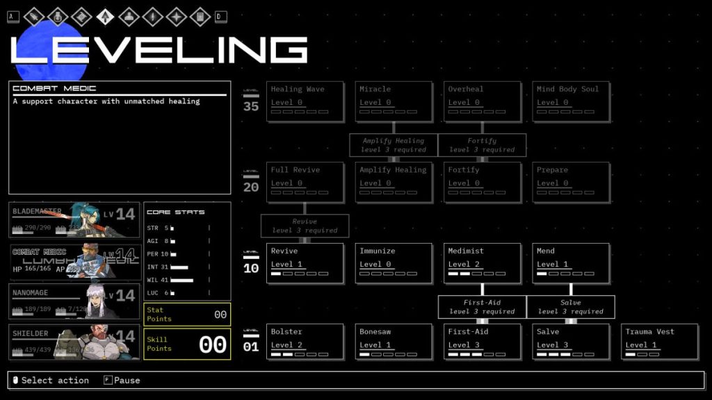 Interface de jeu montrant le système de nivellement d'un personnage de soutien, le "Combat Medic", avec des statistiques et des compétences disponibles.