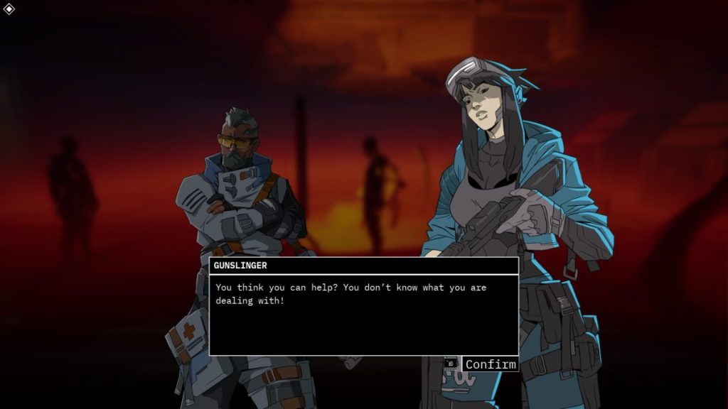 Un dialogue entre deux personnages dans un jeu vidéo, mettant en avant un homme et une femme, avec un fond sombre et mystérieux qui évoque une ambiance de tension.