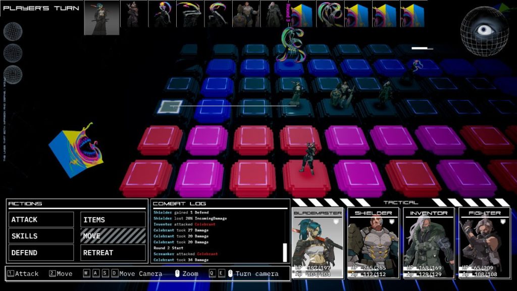 Capture d'écran de la phase de combat tactique dans le jeu Descent of Lunaris, montrant un champ de bataille avec des personnages sur des cases colorées et une interface utilisateur pour les actions.